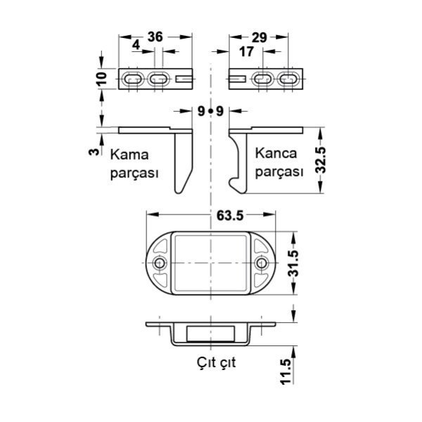 Otomatik kapak kilidi 63,5x31,5x11,5mm