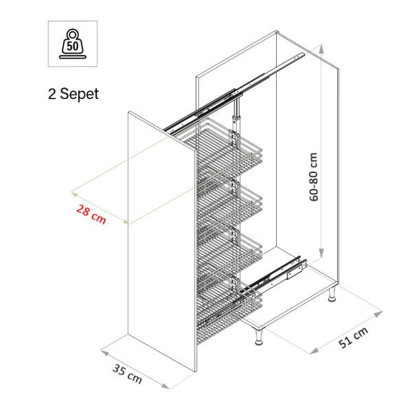 Klasik Boy Kiler Tel Sepetli Krom 60-80 cm - 35 cm