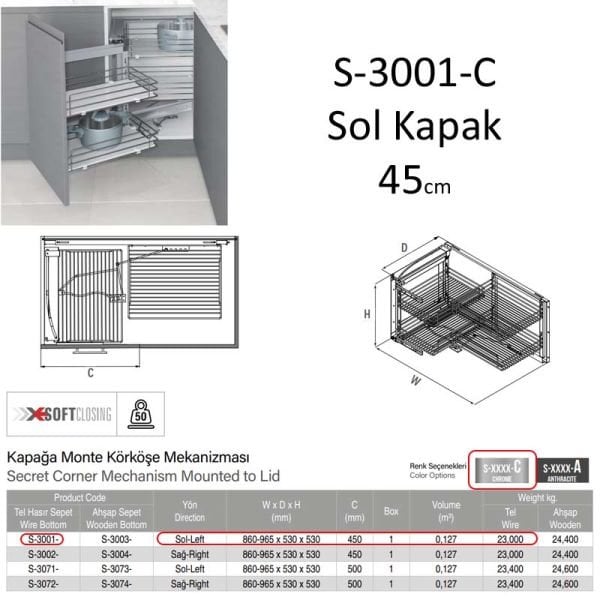 Kör Köşe Mekanizması Tel 45cm Sol