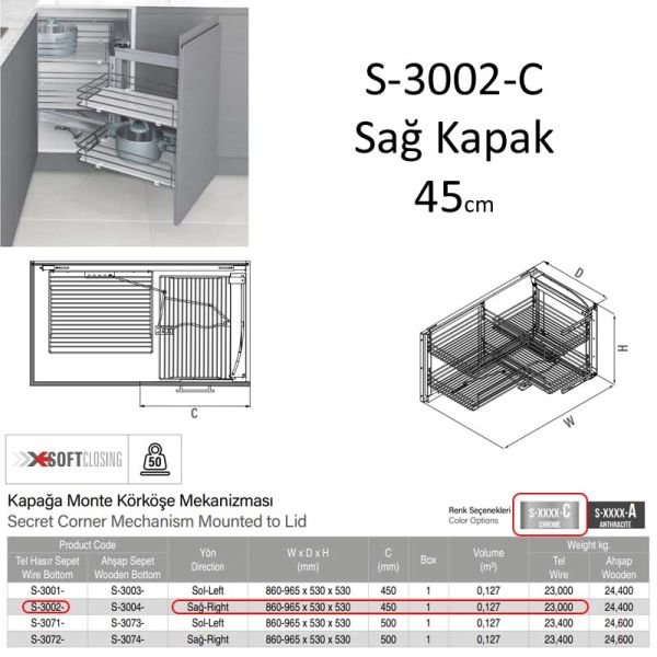 Kör Köşe Mekanizması Tel 45cm Sağ