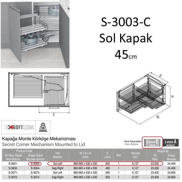 Kör Köşe Mekanizması Ahşap Tablalı 45cm Sol