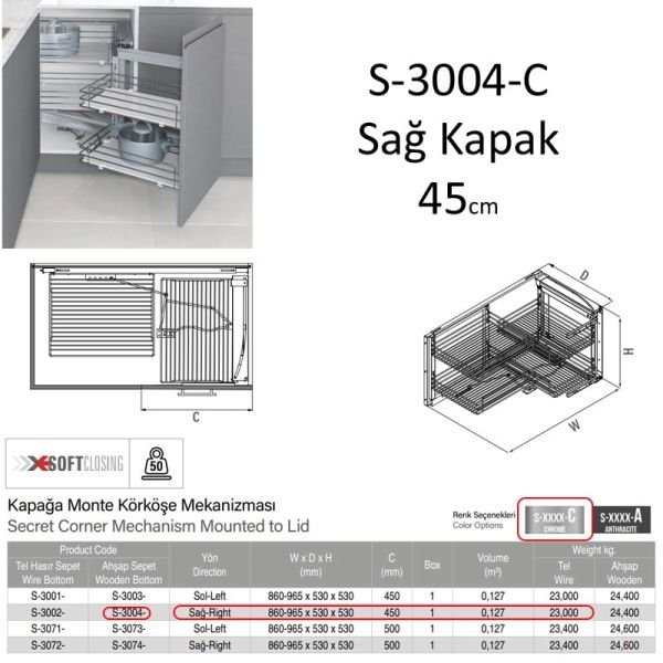 Kör Köşe Mekanizması Ahşap Tablalı 45cm Sağ
