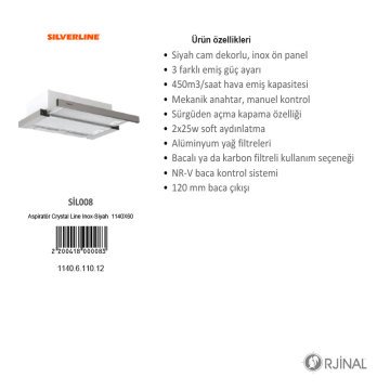 Aspiratör 1140 Crystal Line Inox-Siyah