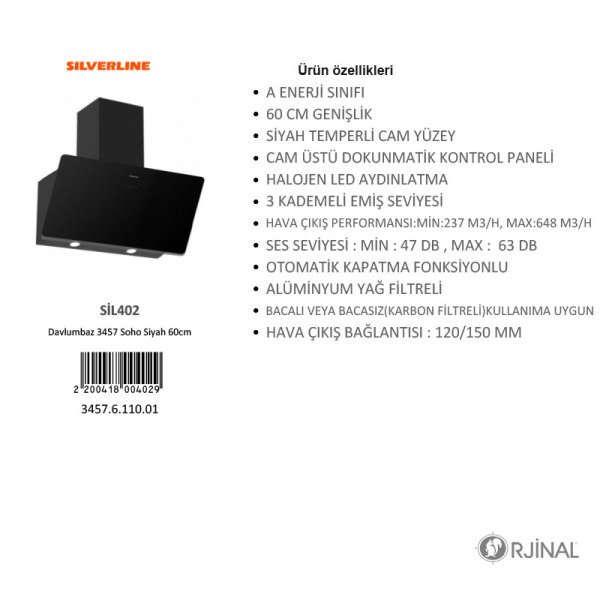 Davlumbaz 3457 Soho 60cm Siyah