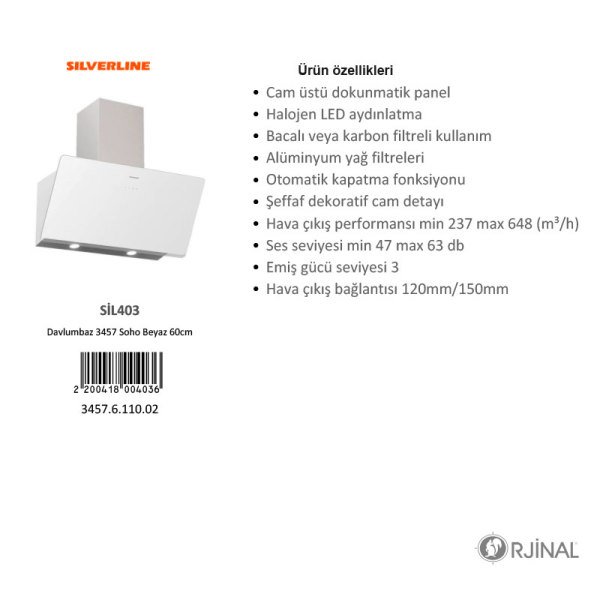 Davlumbaz 3457 Soho 60cm Beyaz