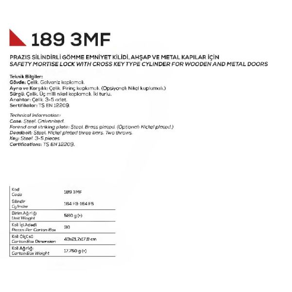 189F5 Fiam Kilit 3 Milli 3 Anahtarlı Nikel