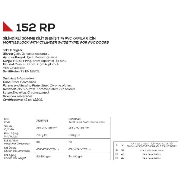 152/RP45 Oval Silindirli 45mm Kilit Krom 18mm