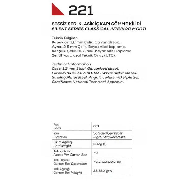 221 İç Kapı Gömme Kilidi Sürgülü Mandallı