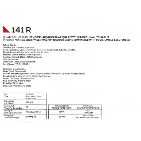 141/45 Oval Oda Kilit 45mm Sarı 18mm Ayna